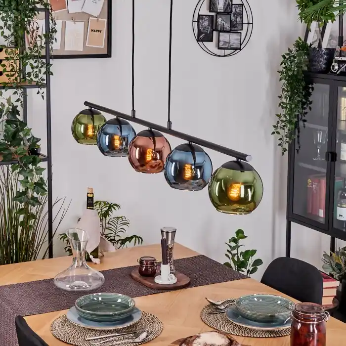Aanbieding Koyoto Hanglamp, Kogellampje, Hanglamp Blauw, Groen, Koperkleurig, 5-lichts