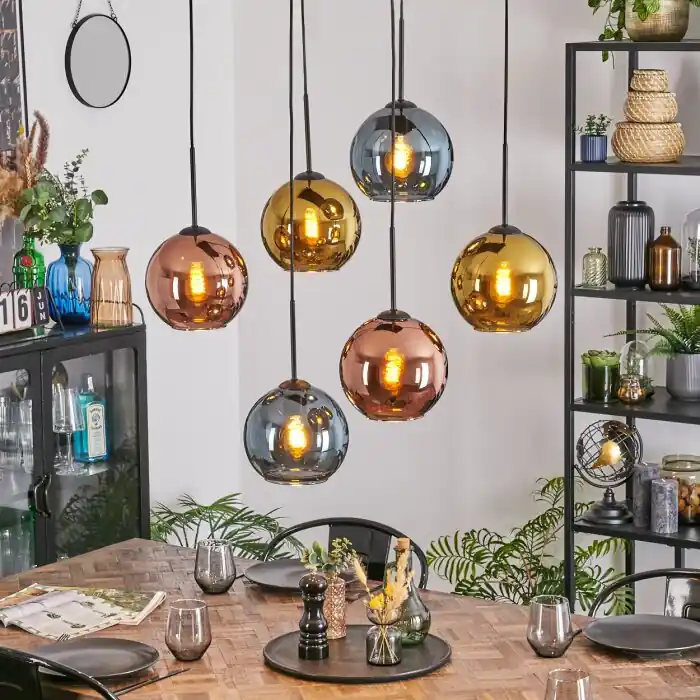 Premium Koyoto Hanglamp, Kogellampje, Hanglamp Blauw, Goud, Koperkleurig, 6-lichts