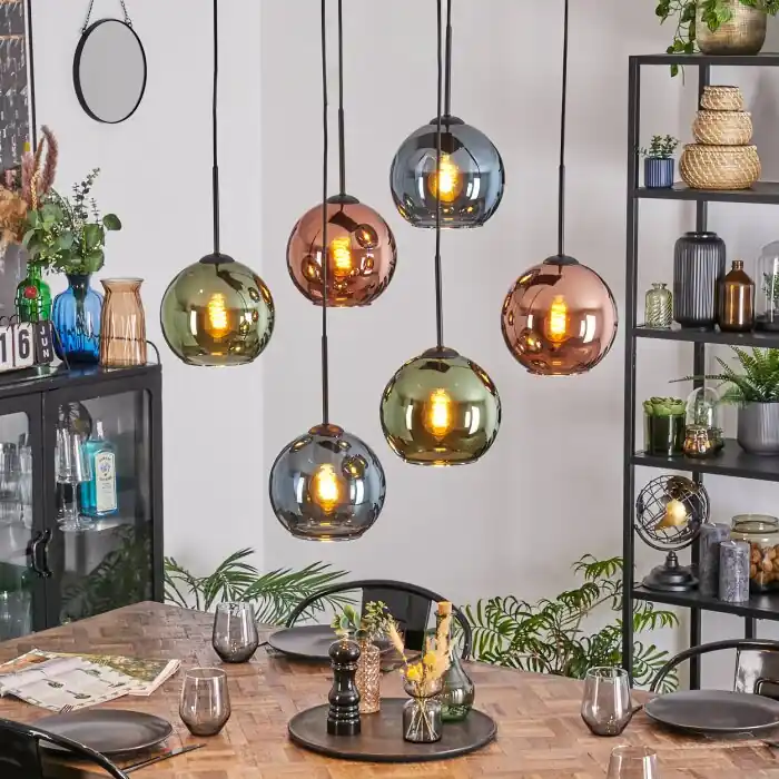 Hoge Kwaliteit Koyoto Hanglamp, Kogellampje, Hanglamp Blauw, Groen, Koperkleurig, 6-lichts