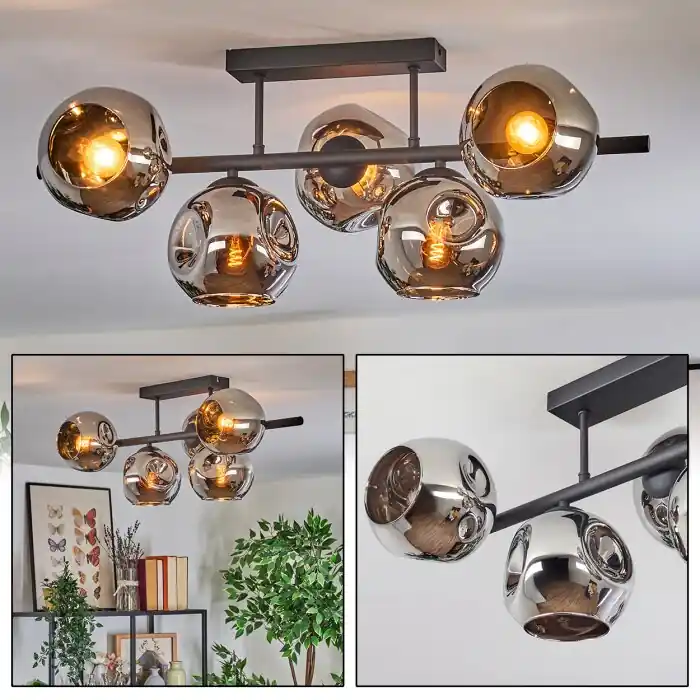 Superprijs Ripoll Plafondlamp, Kogellampje Chroom, Rookkleurig, 5-lichts