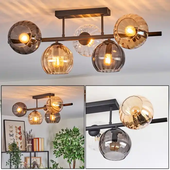 Actieprijs Koyoto Plafondlamp, Kogellampje Amber, Duidelijk, Rookkleurig, 5-lichts