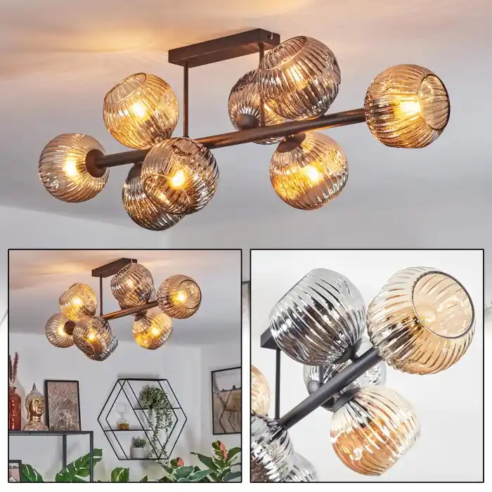 Ripoll Plafondlamp, Kogellampje Amber, Rookkleurig, 8-lichts Exclusieve Aanbieding