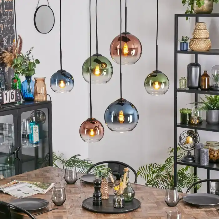 Koyoto Hanglamp, Kogellampje, Hanglamp Blauw, Groen, Duidelijk, Koperkleurig, 6-lichts Veilige Betaling