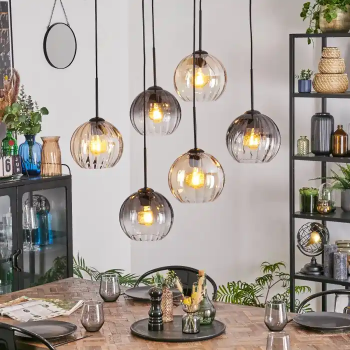 Koyoto Hanglamp, Kogellampje, Hanglamp Amber, Duidelijk, Rookkleurig, 6-lichts Op = Op