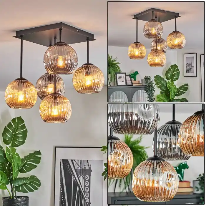 Direct Beschikbaar Ripoll Plafondlamp, Kogellampje Amber, Rookkleurig, 5-lichts