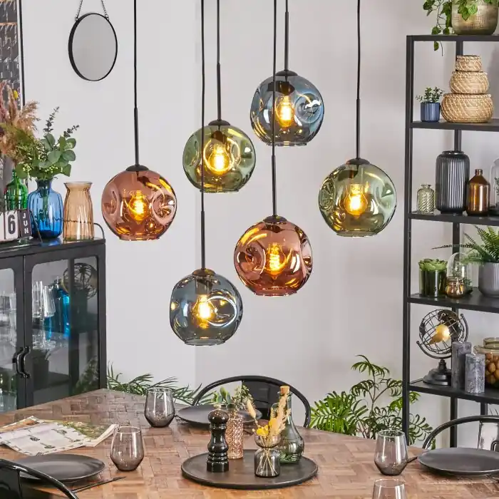 Ripoll Hanglamp, Kogellampje, Hanglamp Blauw, Groen, Koperkleurig, 6-lichts Korting