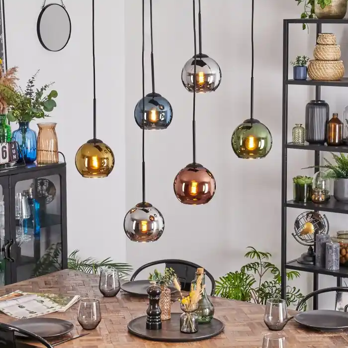 Koopje Koyoto Hanglamp, Kogellampje, Hanglamp Blauw, Chroom, Goud, Groen, Koperkleurig, Rookkleurig, 6-lichts