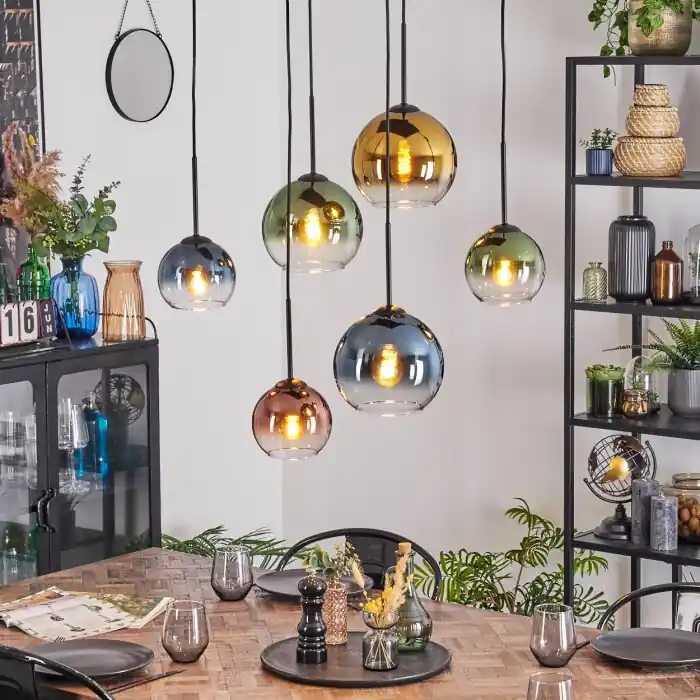 Koyoto Hanglamp, Kogellampje, Hanglamp Blauw, Goud, Groen, Duidelijk, Koperkleurig, 6-lichts Weekendaanbieding