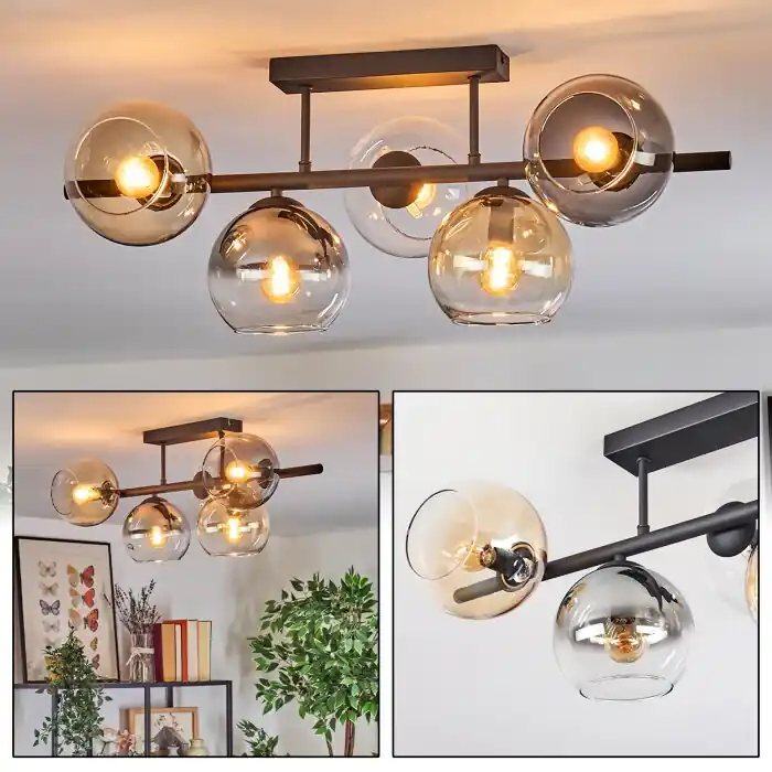 Koyoto Plafondlamp, Kogellampje Amber, Duidelijk, Rookkleurig, 5-lichts Meest Verkocht