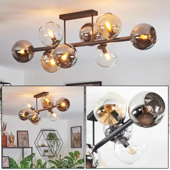 Koyoto Plafondlamp, Kogellampje Amber, Chroom, Duidelijk, Rookkleurig, 8-lichts Laatste Kans