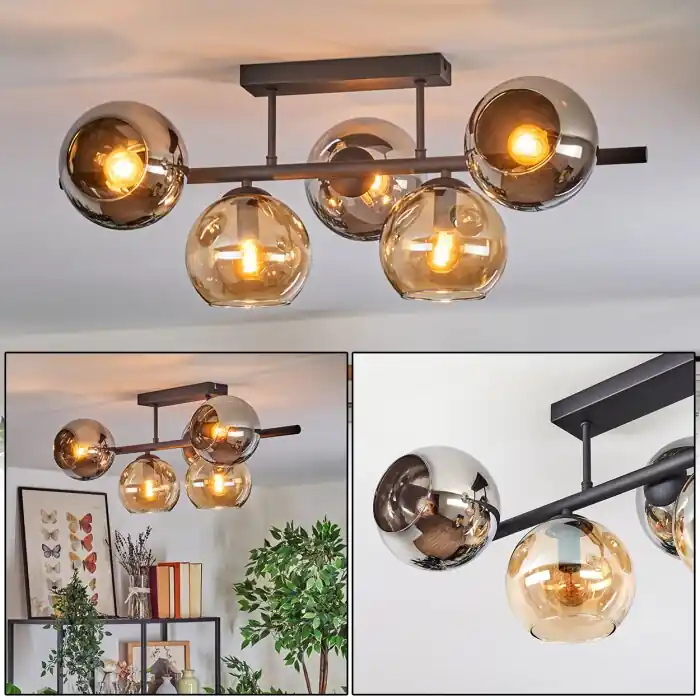 Koyoto Plafondlamp, Kogellampje Amber, Chroom, Rookkleurig, 5-lichts Laatste Kans