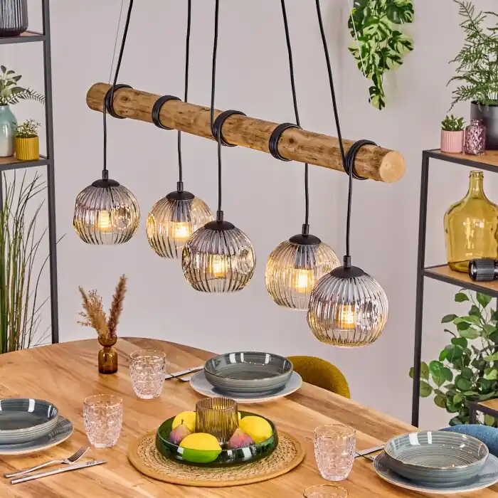 Koop Online Ripoll Hanglamp, Kogellampje, Hanglamp Natuurlijke kleuren, Zwart, 5-lichts