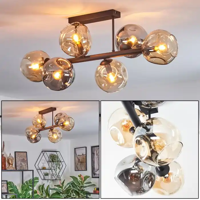 Bestseller Ripoll Plafondlamp, Kogellampje Amber, Rookkleurig, 6-lichts