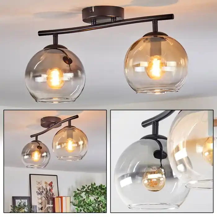 Rechtstreeks Van De Fabrikant Koyoto Plafondlamp, Kogellampje Amber, Duidelijk, Rookkleurig, 2-lichts