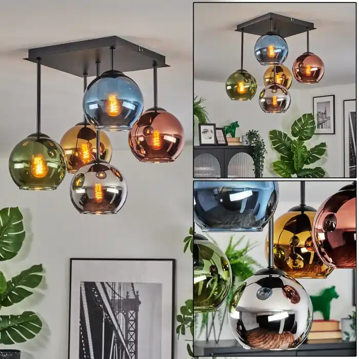 Koyoto Plafondlamp, Kogellampje 37 cm Blauw, Chroom, Goud, Groen, Koperkleurig, Rookkleurig, 5-lichts Laatste Versie