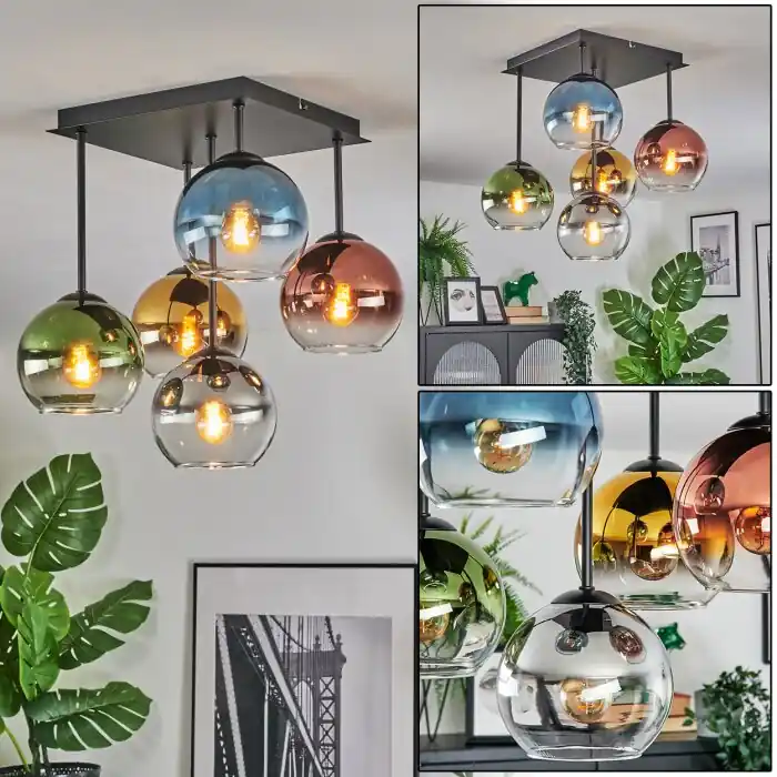 Koyoto Plafondlamp, Kogellampje 37 cm Blauw, Goud, Groen, Duidelijk, Koperkleurig, Rookkleurig, 5-lichts Korting
