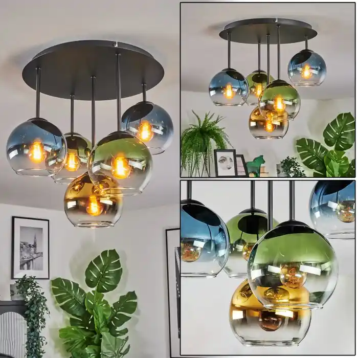 Nu Kopen Koyoto Plafondlamp, Kogellampje 45 cm Blauw, Goud, Groen, Duidelijk, 5-lichts