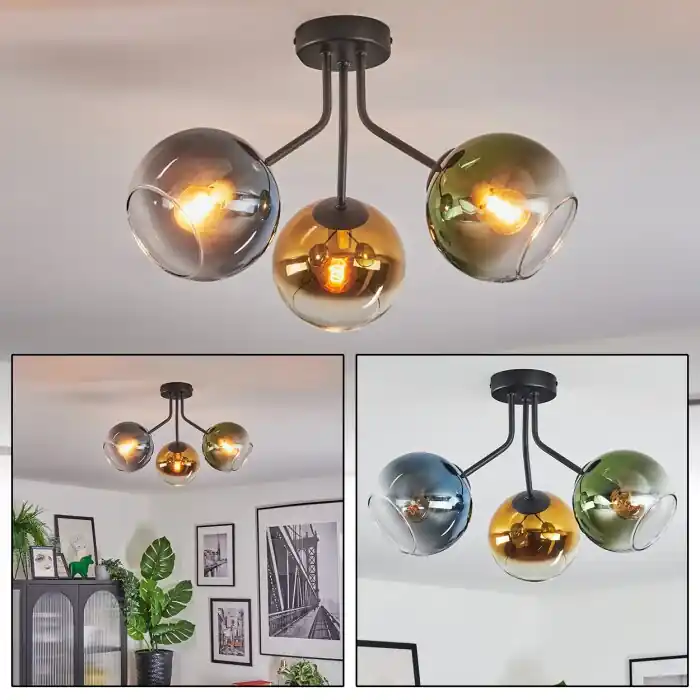 Koyoto Plafondlamp, Kogellampje Blauw, Goud, Groen, Duidelijk, 3-lichts Exclusieve Aanbieding