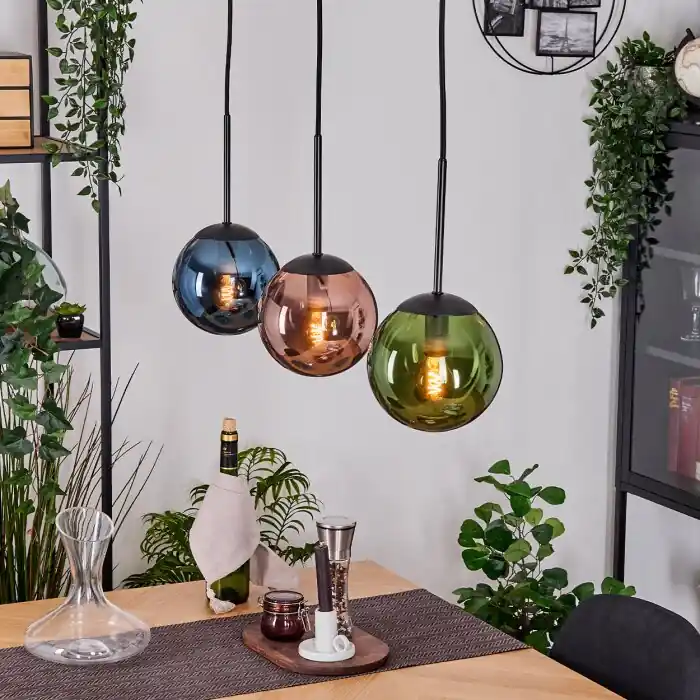 Gastor Hanglamp, Kogellampje, Hanglamp Blauw, Groen, Koperkleurig, 3-lichts Exclusieve Aanbieding