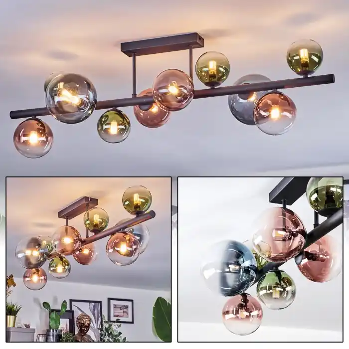 Direct Beschikbaar Chehalis Plafondlamp, Kogellampje Blauw, Groen, Duidelijk, Koperkleurig, 10-lichts