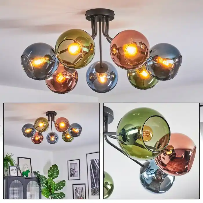 Koyoto Plafondlamp, Kogellampje 82 cm Blauw, Groen, Koperkleurig, 7-lichts Goedkoop