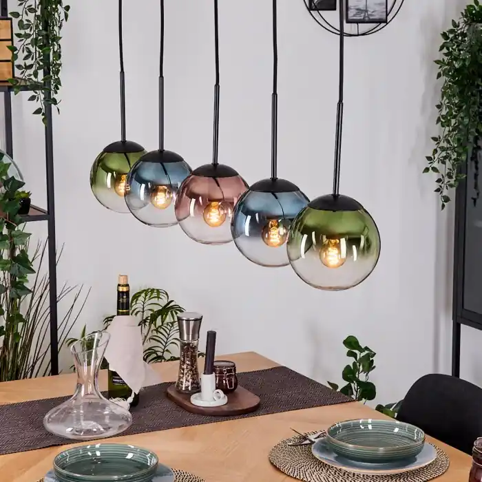 Gastor Hanglamp, Kogellampje, Hanglamp Blauw, Groen, Duidelijk, Koperkleurig, 5-lichts Voordeelprijs