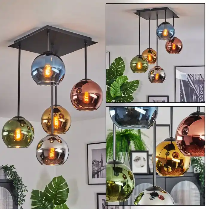 Rechtstreeks Van De Fabrikant Koyoto Plafondlamp, Kogellampje Blauw, Chroom, Goud, Groen, Koperkleurig, Rookkleurig, 5-lichts