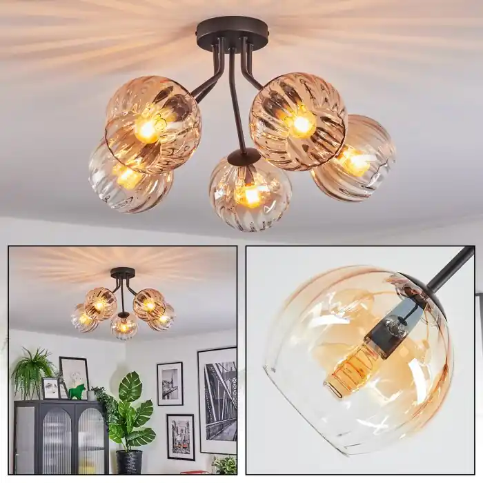 Koyoto Plafondlamp, Kogellampje 52 cm Amber, Duidelijk, 5-lichts Op = Op