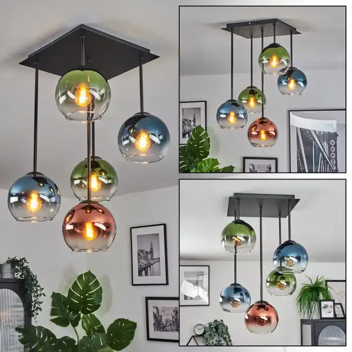 Op = Op Koyoto Plafondlamp, Kogellampje Blauw, Groen, Duidelijk, Koperkleurig, 5-lichts