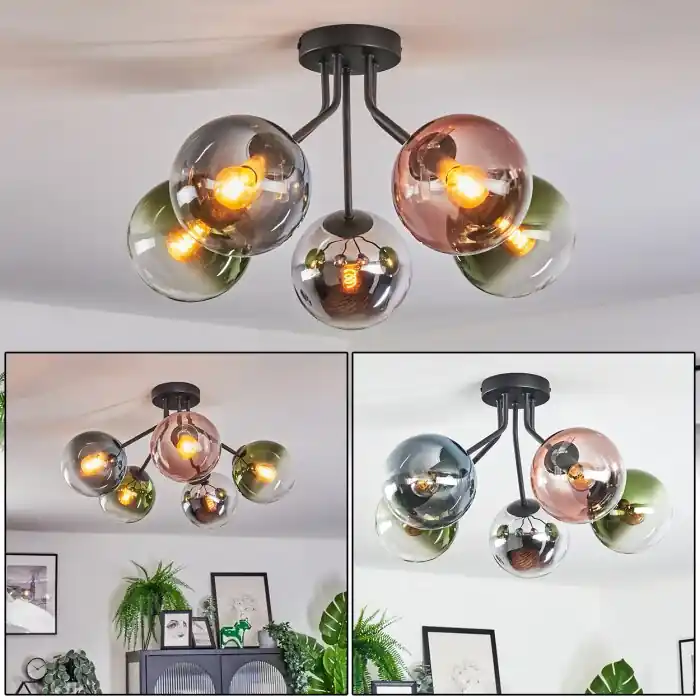 Gastor Plafondlamp, Kogellampje 52 cm Blauw, Chroom, Groen, Duidelijk, Koperkleurig, Rookkleurig, 5-lichts Op = Op