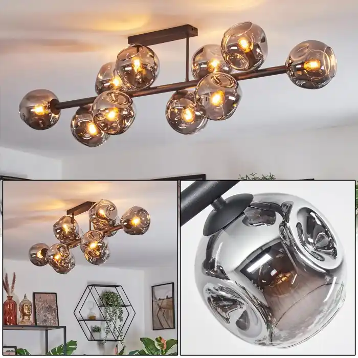 Ripoll Plafondlamp, Kogellampje Rookkleurig, 10-lichts Gratis Retour