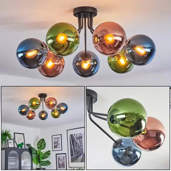 Koop Online Gastor Plafondlamp, Kogellampje 82 cm Blauw, Groen, Koperkleurig, 7-lichts