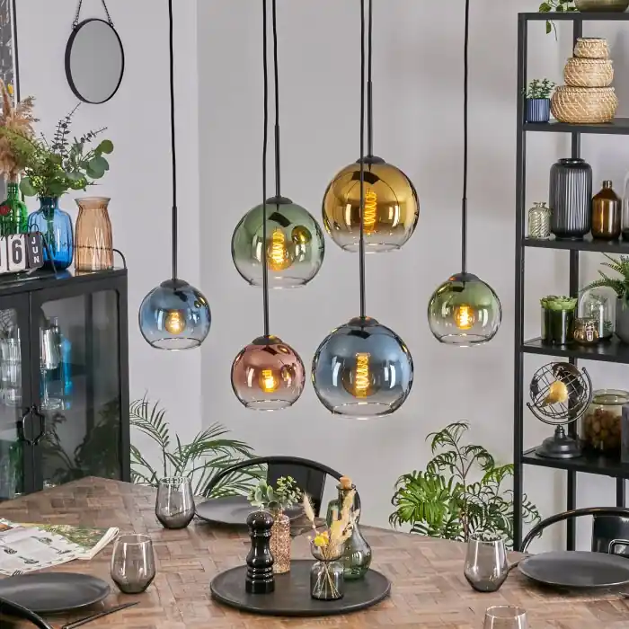 Korting Koyoto Hanglamp, Kogellampje, Hanglamp Blauw, Goud, Groen, Duidelijk, Koperkleurig, 6-lichts