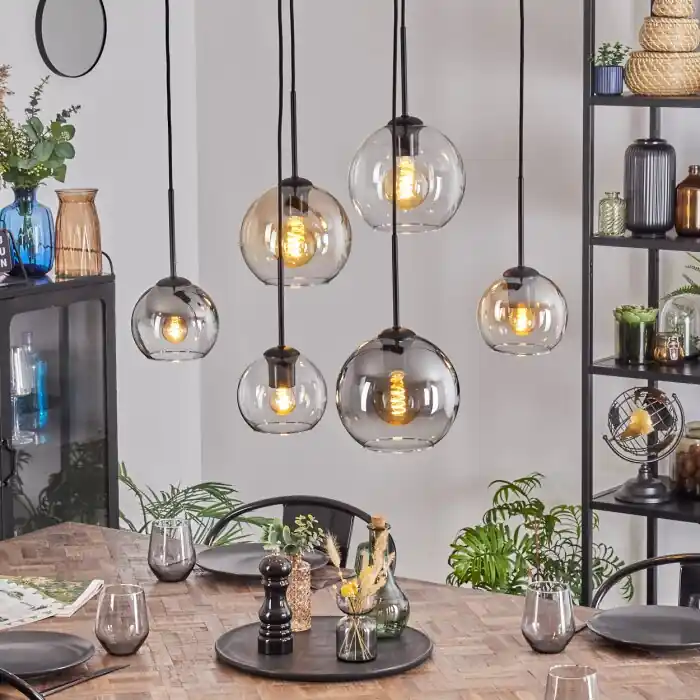 Koyoto Hanglamp, Kogellampje, Hanglamp Amber, Duidelijk, Rookkleurig, 6-lichts Premium