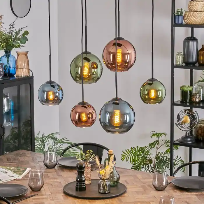 Beperkte Voorraad Koyoto Hanglamp, Kogellampje, Hanglamp Blauw, Groen, Koperkleurig, 6-lichts
