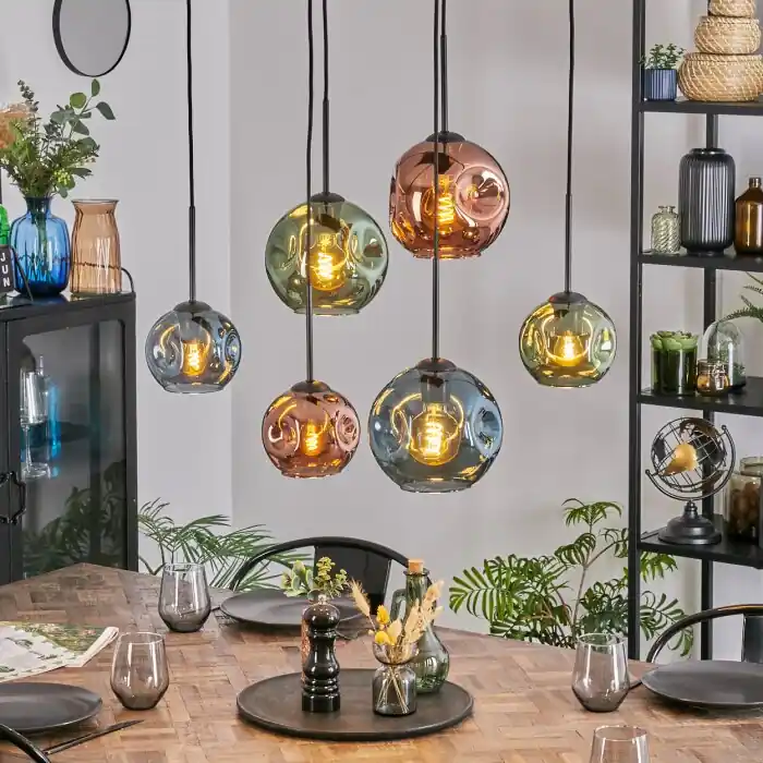 Ripoll Hanglamp, Kogellampje, Hanglamp Blauw, Groen, Koperkleurig, 6-lichts Rechtstreeks Van De Fabrikant