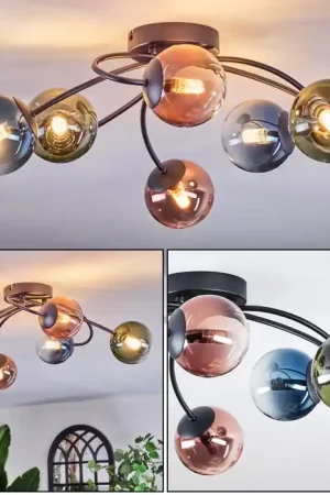 Beste Prijs Chehalis Plafondlamp, Kogellampje Blauw, Groen, Duidelijk, Koperkleurig, 6-lichts