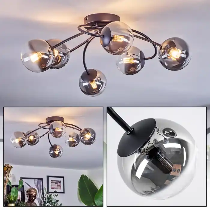Chehalis Plafondlamp, Kogellampje 56 cm Duidelijk, Rookkleurig, 6-lichts Gratis Retour