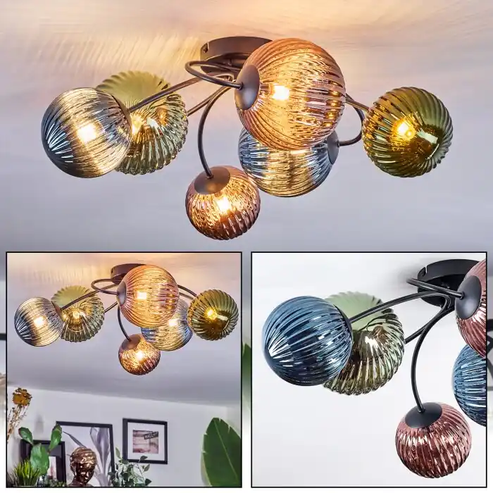 Chehalis Plafondlamp, Kogellampje 58 cm Blauw, Groen, Koperkleurig, 6-lichts Op = Op