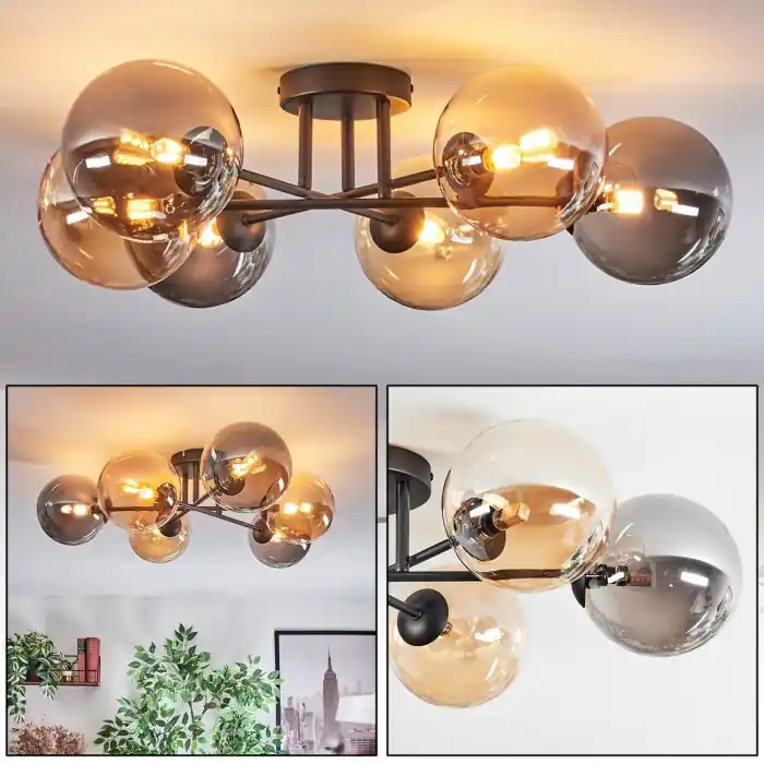 Chehalis Plafondlamp, Kogellampje 62 cm Amber, Rookkleurig, 6-lichts Veilige Betaling