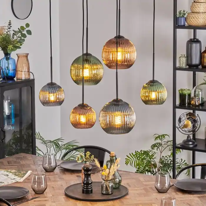 Koyoto Hanglamp, Kogellampje, Hanglamp Blauw, Groen, Koperkleurig, 6-lichts Speciale Aanbieding