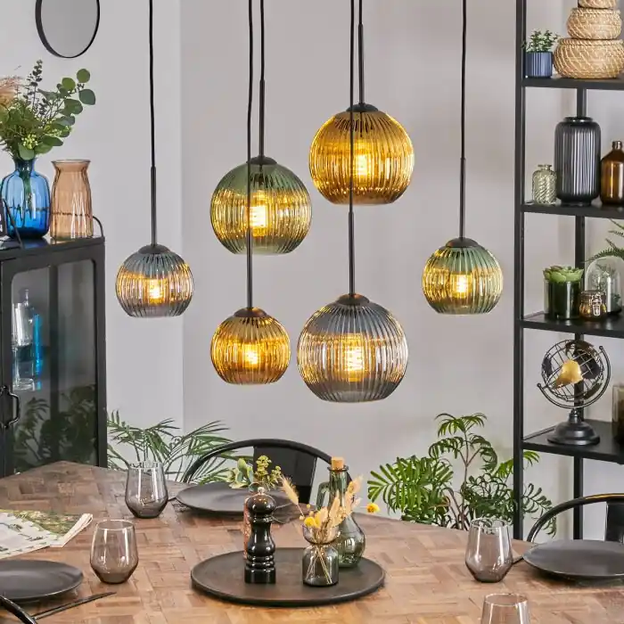 Actieprijs Koyoto Hanglamp, Kogellampje, Hanglamp Blauw, Goud, Groen, 6-lichts