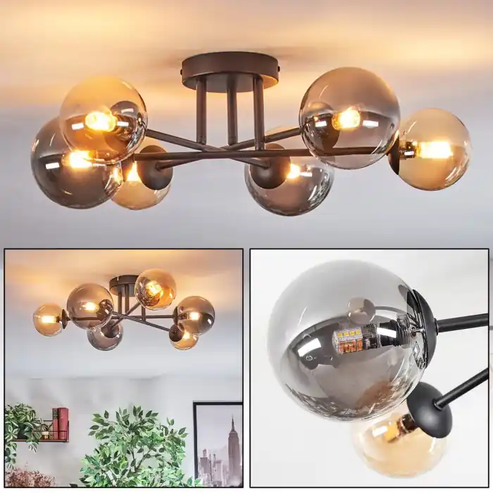 Chehalis Plafondlamp, Kogellampje 55 cm Amber, Rookkleurig, 6-lichts Gratis Retour