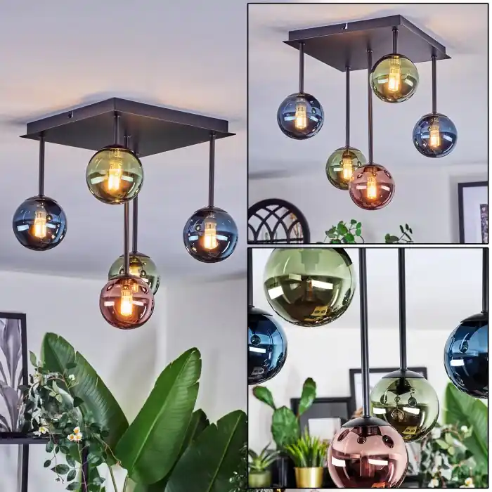 Must-Have Chehalis Plafondlamp, Kogellampje Blauw, Groen, Koperkleurig, 5-lichts