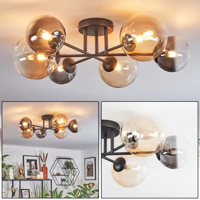 Dagaanbieding Chehalis Plafondlamp, Kogellampje 60 cm Amber, Duidelijk, Rookkleurig, 6-lichts