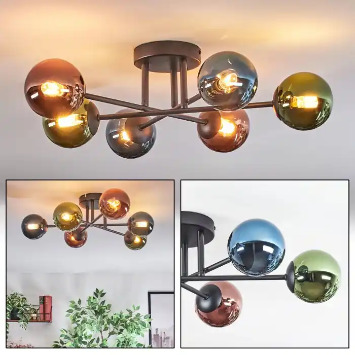 Weekendaanbieding Chehalis Plafondlamp, Kogellampje Blauw, Groen, Koperkleurig, 6-lichts