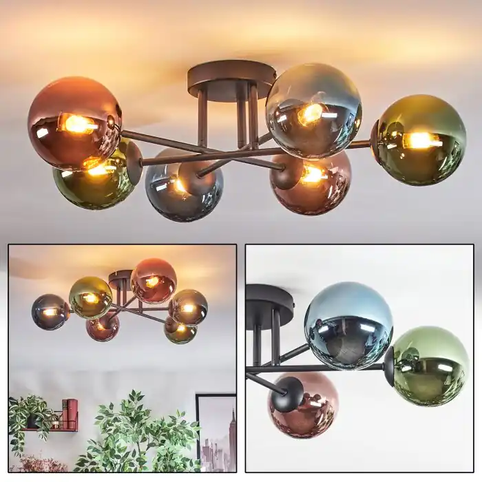 Chehalis Plafondlamp, Kogellampje Blauw, Groen, Koperkleurig, 6-lichts Actieprijs
