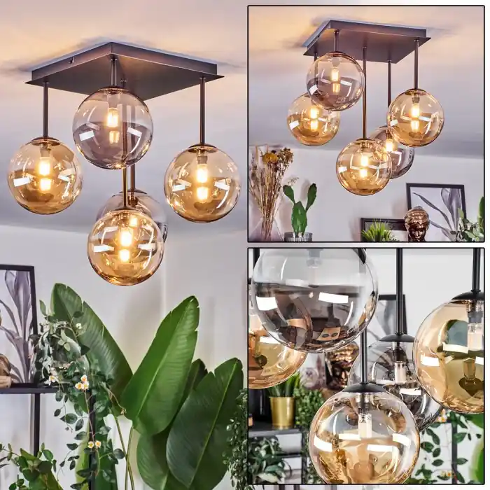 Chehalis Plafondlamp, Kogellampje Amber, Rookkleurig, 5-lichts Premium