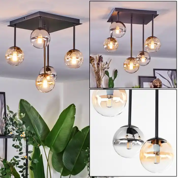 Chehalis Plafondlamp, Kogellampje Amber, Duidelijk, Rookkleurig, 5-lichts Voordeelprijs