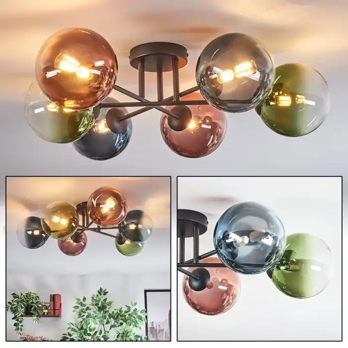 Chehalis Plafondlamp, Kogellampje Blauw, Groen, Duidelijk, Koperkleurig, 6-lichts Voordeelprijs